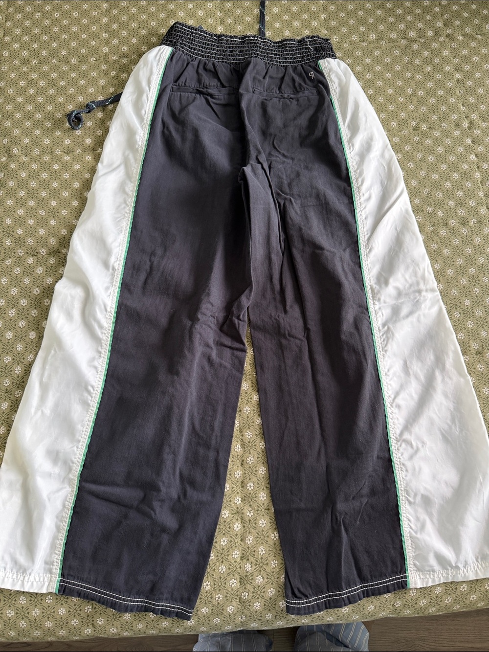 Pilcro Black, White and Green Wide-Leg Drawstring Track-Style Denim Pants - Picture 2 of 5